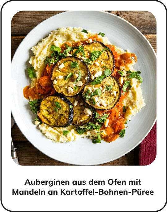 Auberginen aus dem Ofen mit Mandeln an Kartoffel-Bohnen-Püree